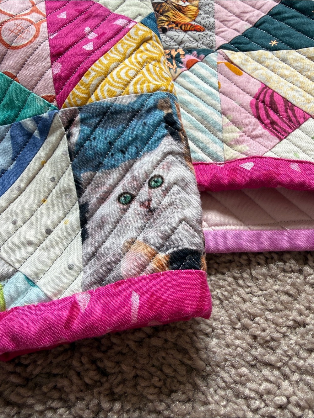 Girls handmade Colorful Triangle Patchwork Quilted Jacket with Kitty cat print - Picture 10 of 13